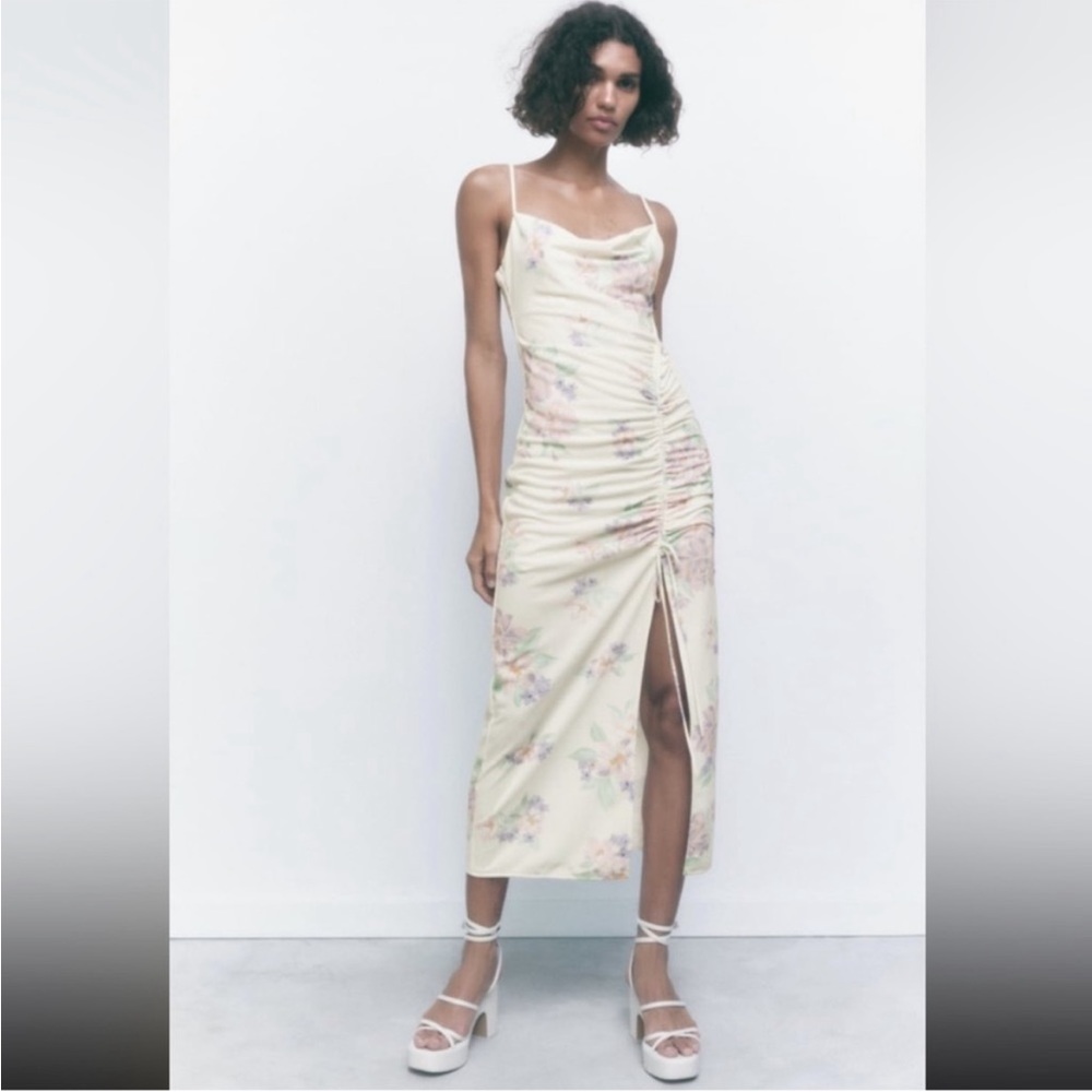 New Zara Drapped Floral Midi Dress